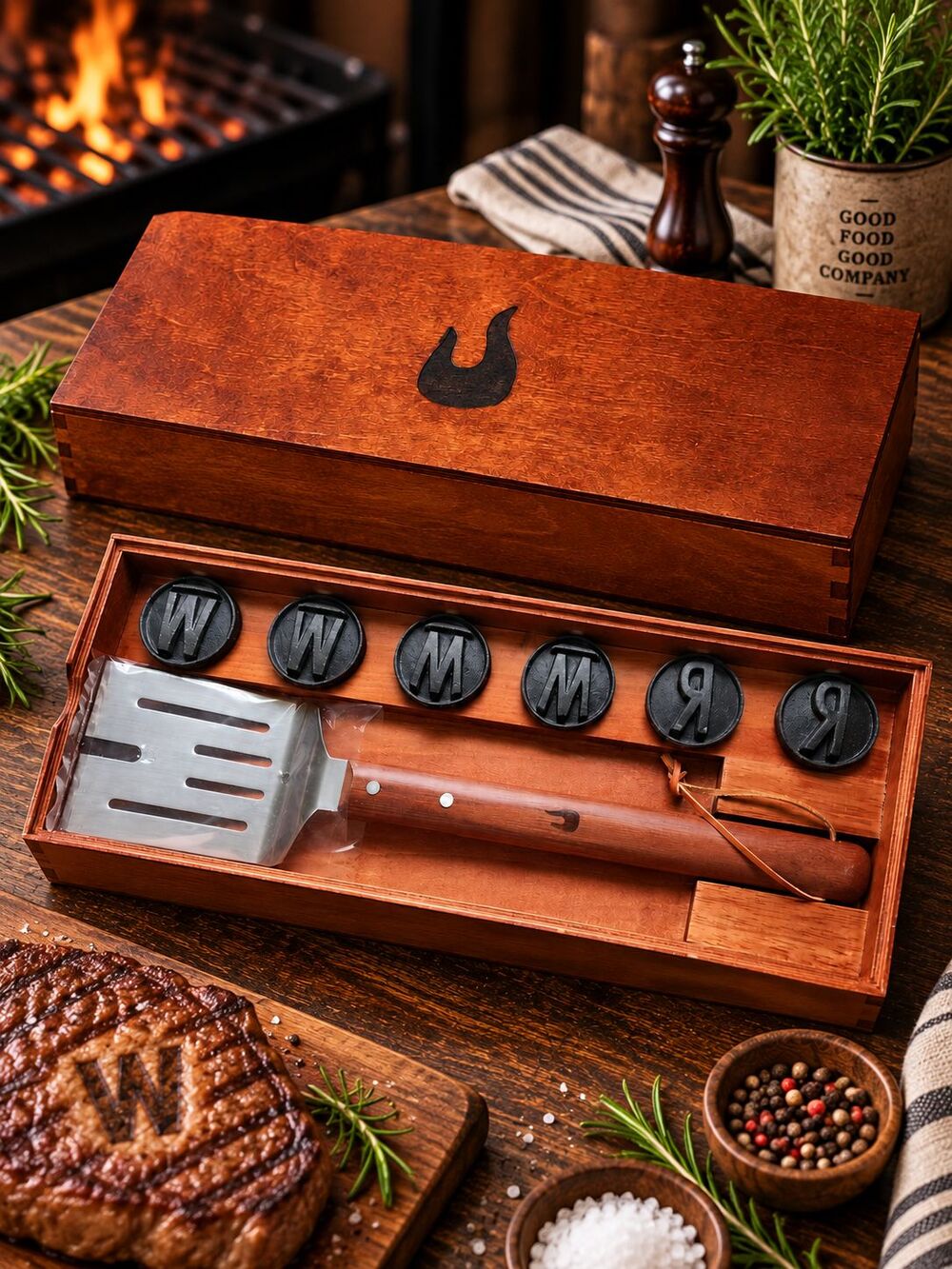Tuscan Collection Meat Branding Set Steak Brand Iron Letters Spatula Wood Box